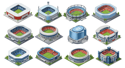 Diverse collection of modern sports stadium architectural designs shown from an isometric perspective on a clean white background.