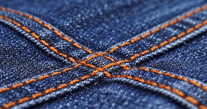Close-up of denim fabric showcasing intricate stitching patterns in vibrant orange threads