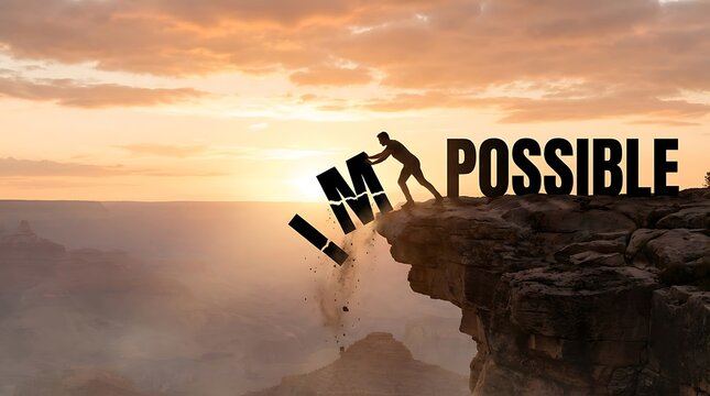 Man Pushing Letters Off Cliff at Sunset Creating Impossible Situation