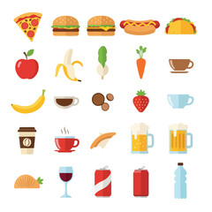 A flat-design illustration of various food and drink items © Luffy