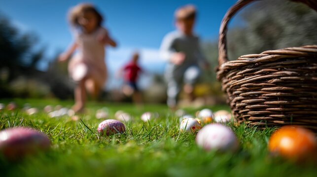 Children running towards basket during Easter egg hunt in sunny park