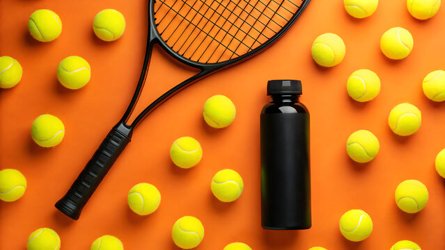 Tennis racket and bottle of sunscreen surrounded by tennis balls on an orange background