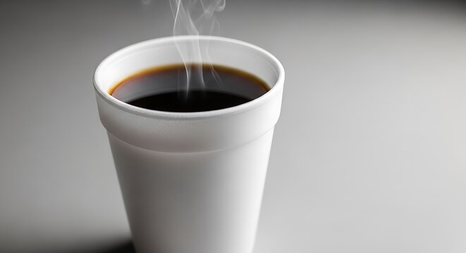 A freshly poured cup of coffee with rising steam against a neutral background. styrofoam coffee cup