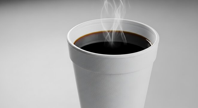Steaming cup of freshly brewed black coffee in a white disposable container. styrofoam coffee cup
