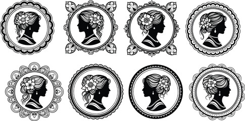 Black and white vector illustration of ornate cameo portraits featuring elegant woman profiles in decorative frames, vintage art design for crafts
