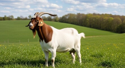 Fototapeta premium Goat with distinct markings standing in a lush green pasture under a clear sky