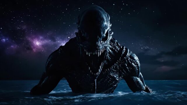 Alien Creature Emerges Under Stars. Night Sky Hosting Alien Creature And Cosmic Glow. Surreal Scene Of Extraterrestrial Being Surfacing Against Stellar Galaxy Background And Luminous Night Sky.