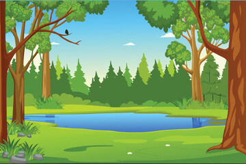 Naklejka premium Cartoon forest pond with trees and blue sky summer nature scene stock illustration