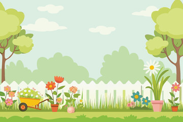 Cartoon Garden Scene with Wheelbarrow and Flowers Springtime Outdoors Flat Design