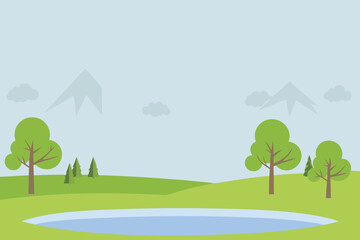 Obraz premium Cartoon Landscape with Pond Trees and Mountains Flat Design