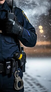 Male police officer in dark uniform with radio and handcuffs on duty during winter snow storm at night