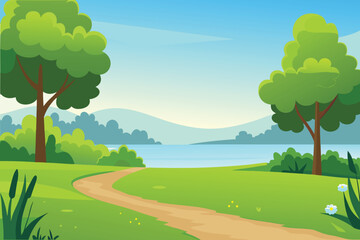 Obraz premium Cartoon Path Winding Through Green Landscape to Calm Lake under Blue Sky