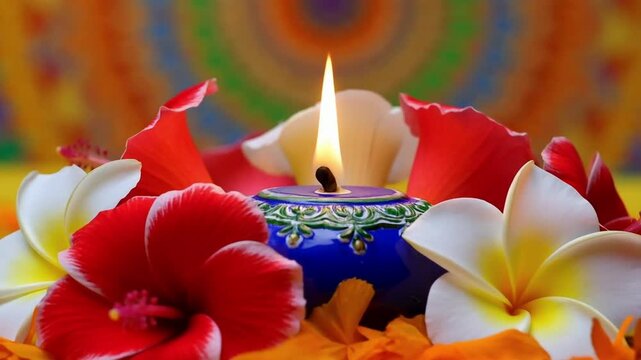 Decorative diya oil lamp with marigold, hibiscus and frangipani flowers, Diwali or Hindu festival celebration