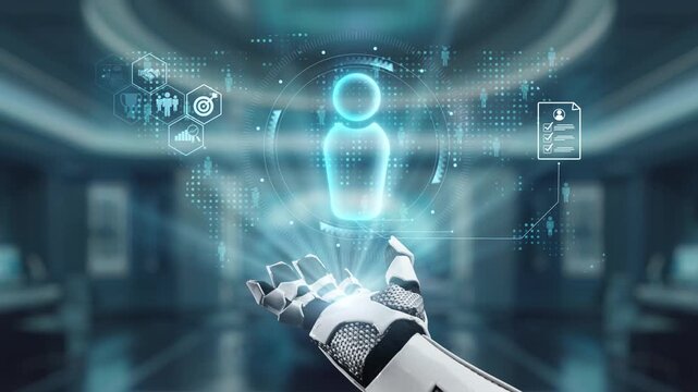 A robotic hand engages with a glowing holographic human figure in a sleek, high-tech setting. The video reflects themes of innovation, technology, and future advancements. Auvana