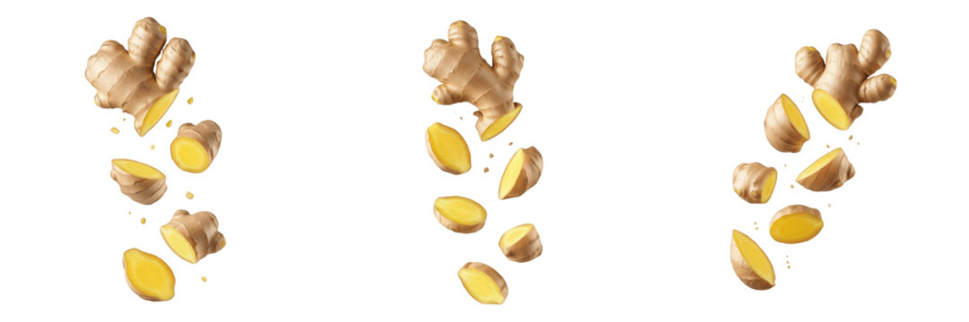 Fresh Sliced and Whole Ginger Root Falling in Motion Isolated on White Background