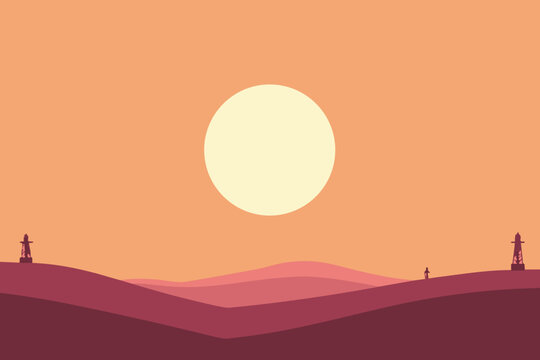 Desert Landscape with Distant Oil Rigs and Sun Silhouette Minimalist Stock Illustration