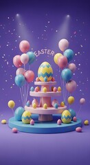 Vibrant 3d illustration of a whimsical birthday cake with colorful balloons