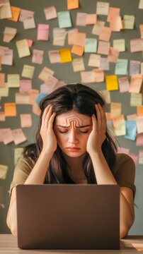 Stressed individual sits at a laptop, surrounded by colorful sticky notes on the wall, symbolizing chaos and pressure from multitasking and managing tight deadlines at work