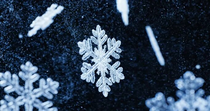 Close-up of intricate snowflakes on a dark background, showcasing their unique patterns and shapes