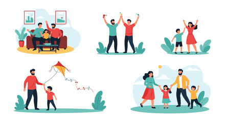 Set of illustrations showing diverse families and friends celebrating, playing with a kite, and walking in a park.