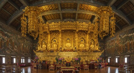 Obraz premium 豪華な金色の仏像が並ぶ広大な寺院の内部
