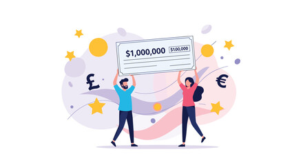 Fototapeta premium Excited man and woman celebrating while holding a giant lottery prize check for one million dollars with confetti and stars in the background.