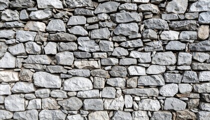Obraz premium A weathered stone wall presents a textured surface, formed from irregularly shaped grey and white rocks, tightly fitted together with varying shades