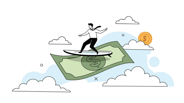 Businessman surfing on a giant dollar bill through white clouds with a golden sun coin in the sky, symbolizing financial prosperity.