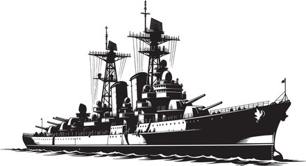 Battleship Silhouette Vector Illustration, Vintage Warship with Heavy Guns, Triple Turrets, Mast and Superstructure, Naval Military Ship Profile Black Outline Art © MdShahid