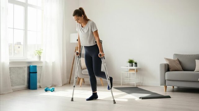 Woman with broken leg on crutches practicing walking in bright living room