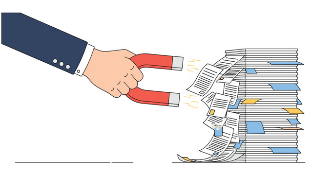 Hand in a business suit holding a large red horseshoe magnet to attract a stack of documents and paper files efficiently.