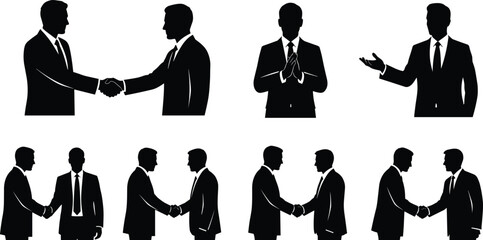 Business handshake silhouettes set of professional men greeting applauding and presenting isolated on white background vector illustration corporate partnership concept © Mamun