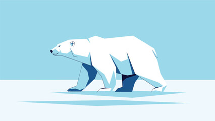 Fototapeta premium Minimalist geometric polar bear walking across the arctic ice on a clear blue sky background representing wildlife and conservation.