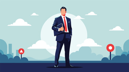 Obraz premium Confident businessman in a dark blue suit and red tie standing tall against a bright sun and city skyline backdrop.