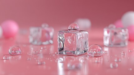 Melting Ice Cubes with Water Droplets on Pink Surface and Spheres in Background Illuminated by Soft Lighting