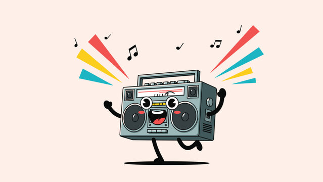 Happy cartoon boombox character dancing with musical notes and colorful rays of light against a pale background.