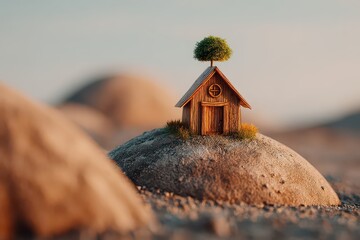 Miniature Wooden House on Rock Formation Under Clear Sky in Sandy Landscape with Soft Warm Light