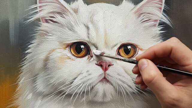 Close-up of a fluffy white Persian cat painting being created by an artist using a paintbrush.