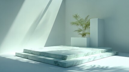 Minimalist Interior Scene with Tiered Platform and Abstract Plant Golden Hue on White Backdrop in Bright Lit Studio