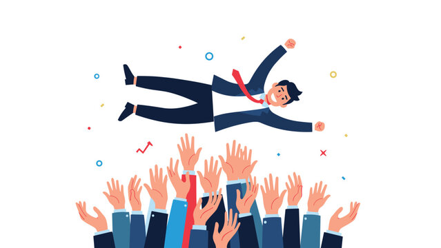 Group of professional hands tossing a happy businessman high into the air in a celebratory gesture of team success.