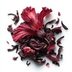 Overhead View of Dried Hibiscus Flowers and Petals on White Background