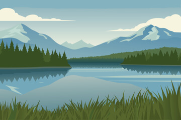Naklejka premium Serene Mountain Lake Reflection with Evergreen Forest and Cloudy Sky Landscape Illustration