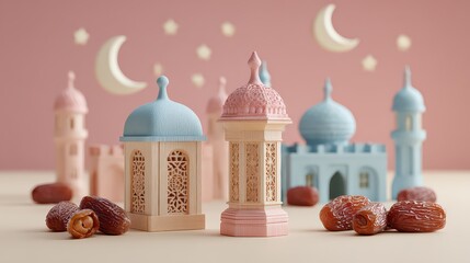 Pastel Ramadan Lanterns with Dates Against Light Pink Background with Crescent Moons and Star Decor Celebration of Islamic Holy Month Still Life