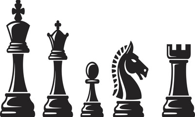 Black and white chess pieces set including king, queen, bishop, knight and rook isolated on white background, strategic board game concept illustration © Abdullah