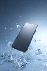 Smartphone Floating Amidst Ice Cubes on a Light Blue Gradient Background with a Dramatic Backlight and Subtle Reflection, Showcasing Technology and Freshness