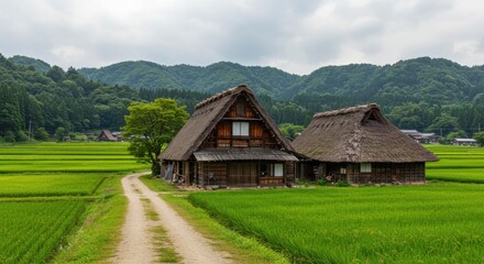 Obraz premium 日本の合掌造りの家と田んぼの風景