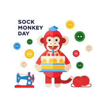 Celebrate Sock Monkey Day with a cute illustration of a sock monkey holding a birthday cake