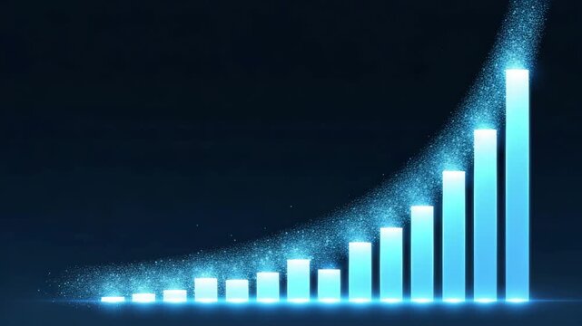 Futuristic rising graph with glowing particles representing successful business growth set against a solid dark backdrop.