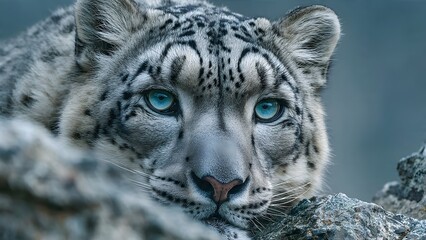 Fototapeta premium Snow Leopard Portrait with Piercing Blue Eyes