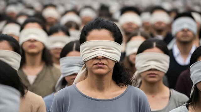 Group of blindfolded people standing together, focused on one woman with open mouth.